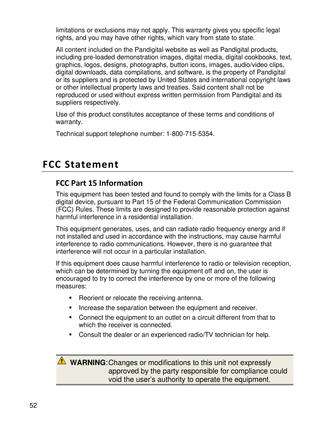 Pandigital PI1002DW, PI1051DWCB manual FCC Statement, FCC Part 15 Information 