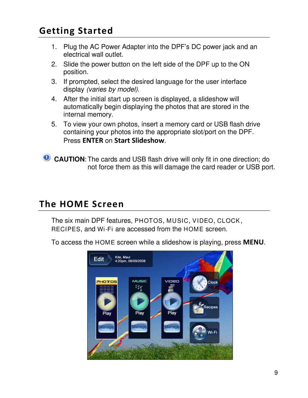 Pandigital PI1051DWCB, PI1002DW manual Getting Started, Home Screen, Press Enter on Start Slideshow 