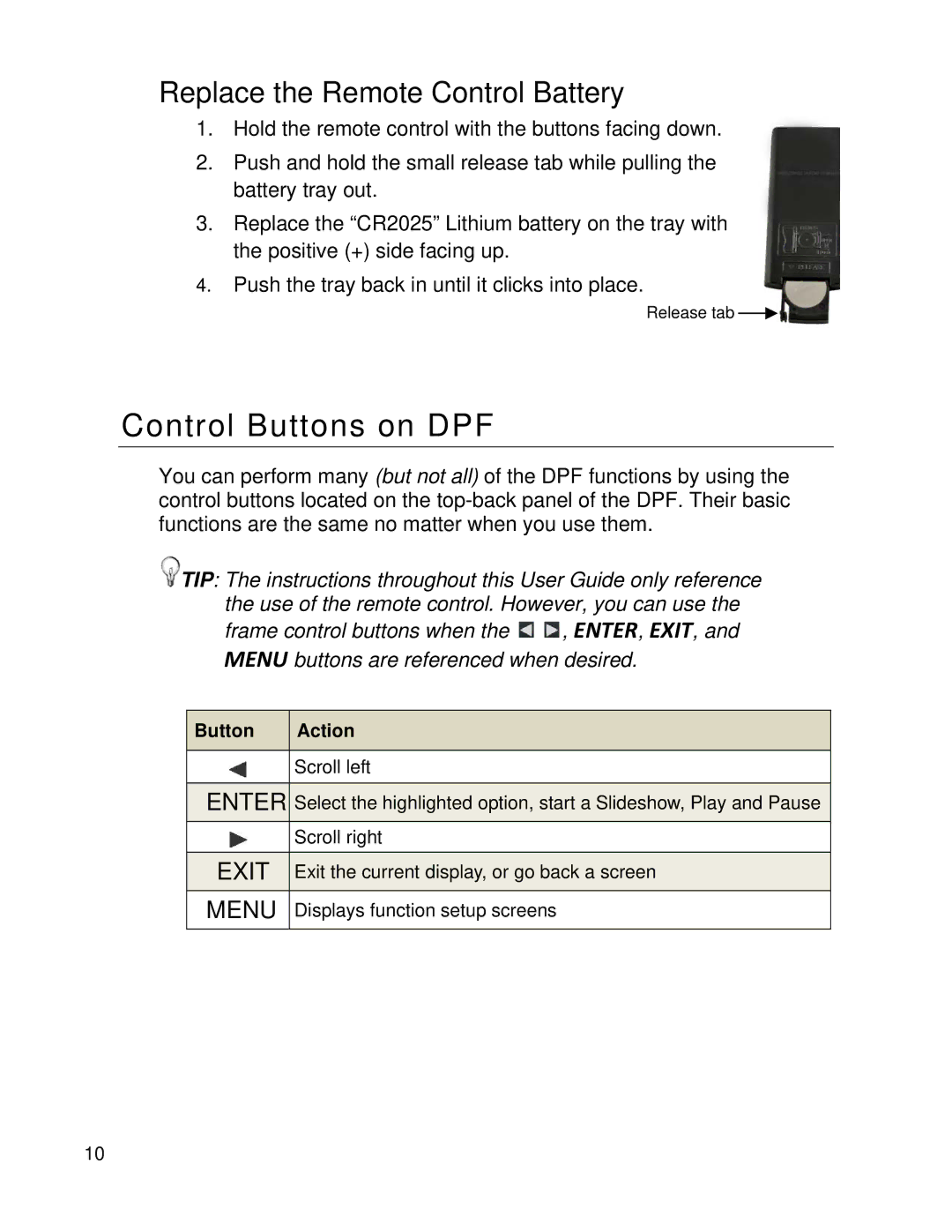 Pandigital PI8004W01 manual Control Buttons on DPF, Replace the Remote Control Battery 