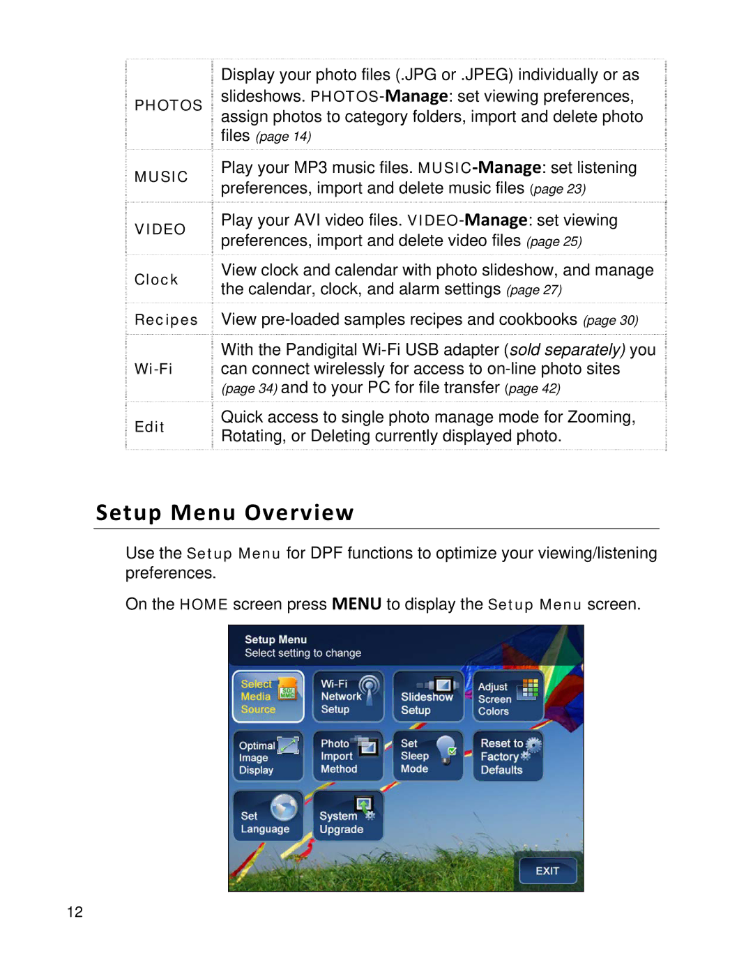 Pandigital PI8004W01 manual Setup Menu Overview 