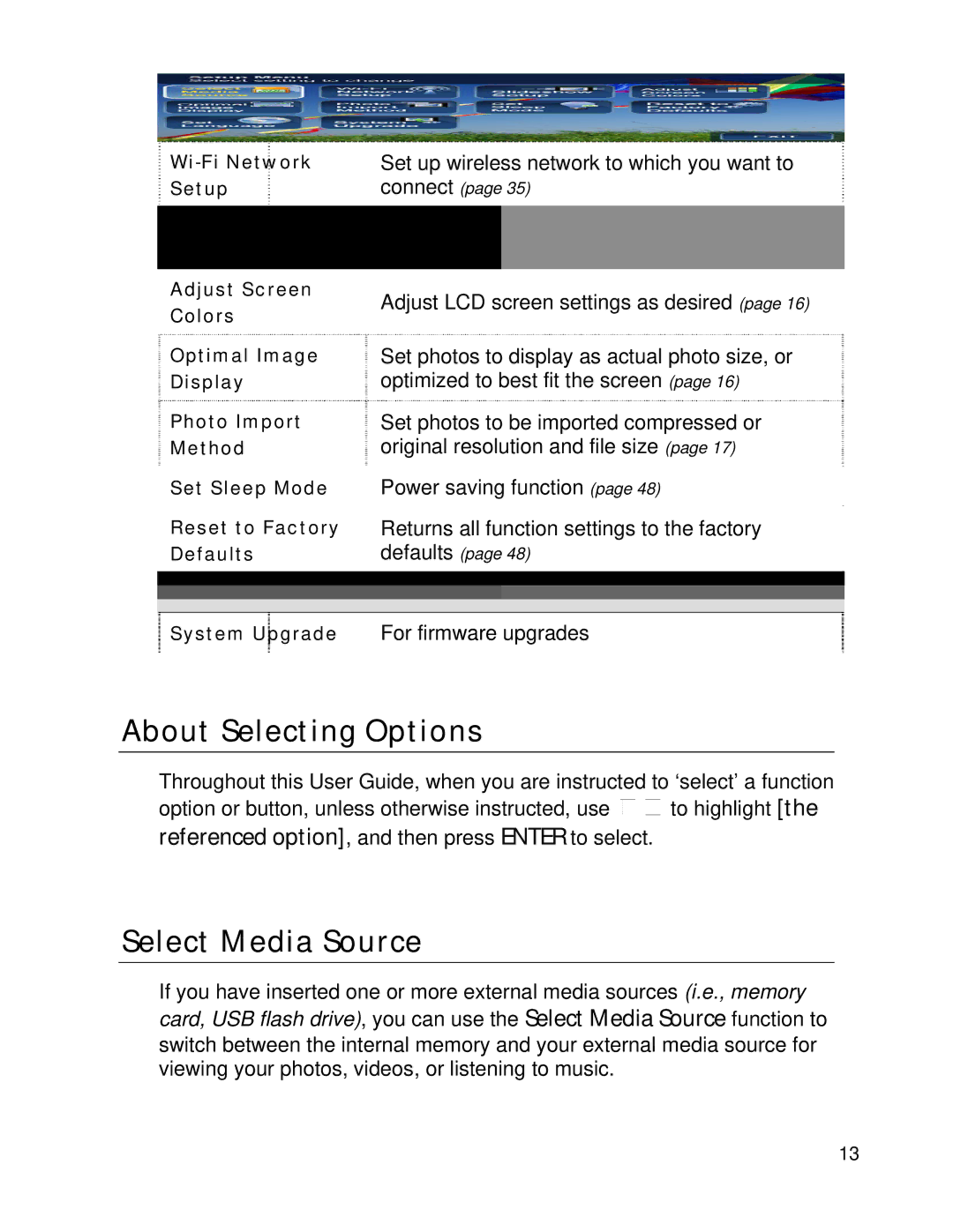 Pandigital PI8004W01 manual About Selecting Options, Select Media Source 