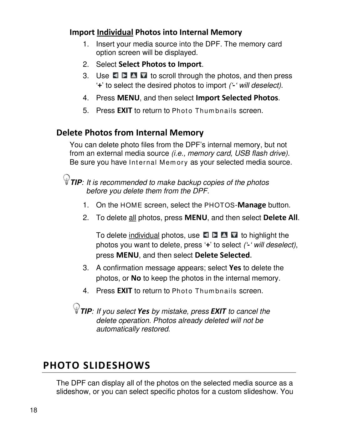 Pandigital PI8004W01 manual Delete Photos from Internal Memory, Import Individual Photos into Internal Memory 