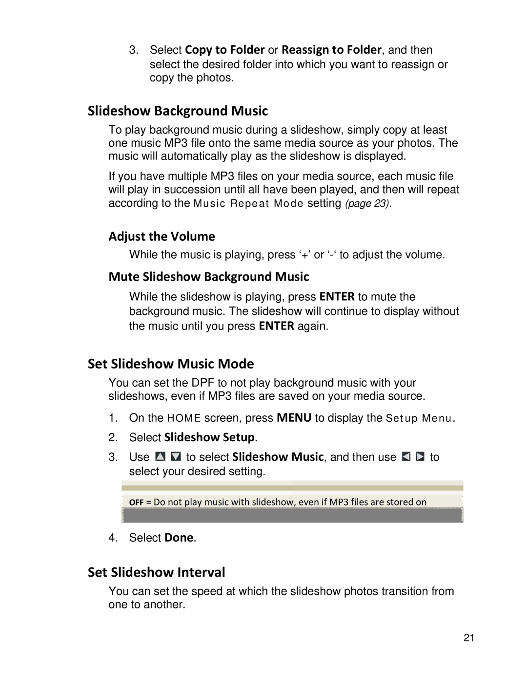 Pandigital PI8004W01 manual Slideshow Background Music, Set Slideshow Music Mode, Set Slideshow Interval, Adjust the Volume 