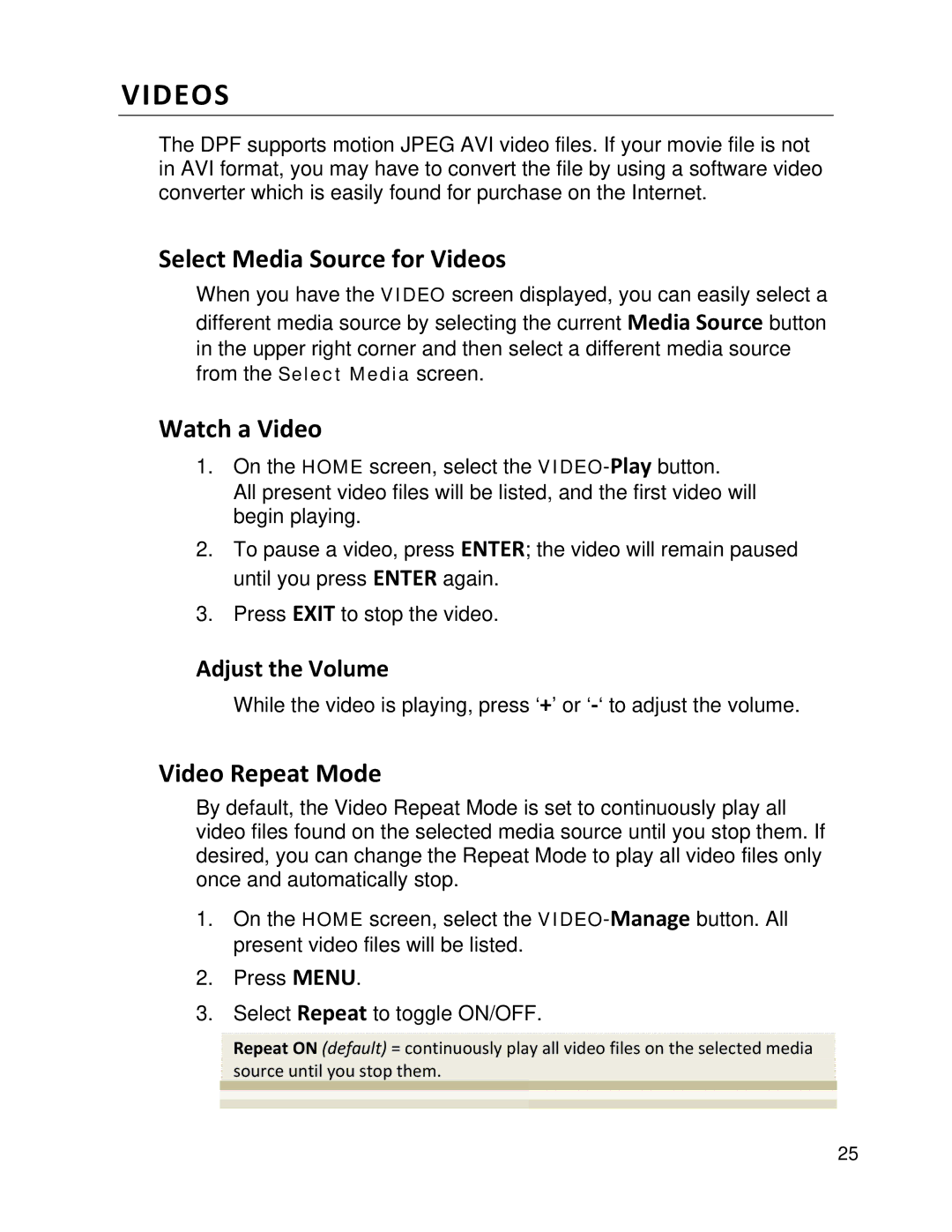 Pandigital PI8004W01 manual Select Media Source for Videos, Watch a Video, Video Repeat Mode 
