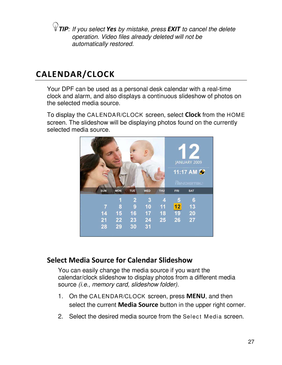 Pandigital PI8004W01 manual Calendar/Clock, Select Media Source for Calendar Slideshow 