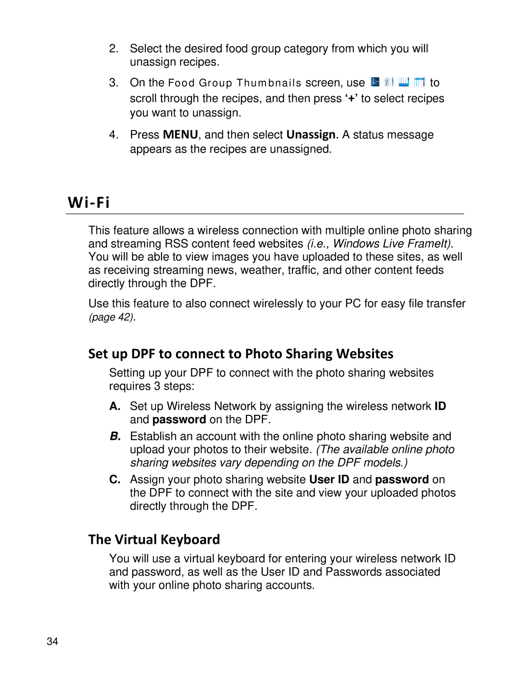 Pandigital PI8004W01 manual Wi-Fi, Set up DPF to connect to Photo Sharing Websites, Virtual Keyboard 