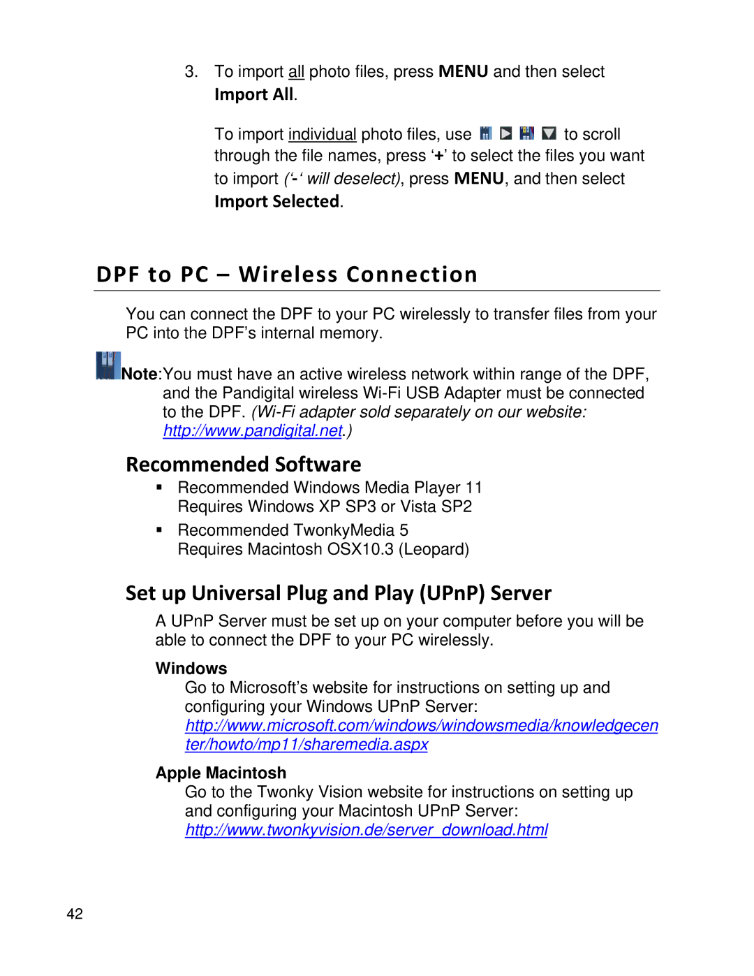 Pandigital PI8004W01 manual DPF to PC Wireless Connection, Recommended Software, Set up Universal Plug and Play UPnP Server 