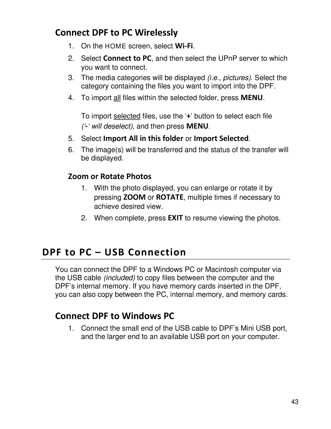 Pandigital PI8004W01 manual DPF to PC USB Connection, Connect DPF to PC Wirelessly, Connect DPF to Windows PC 