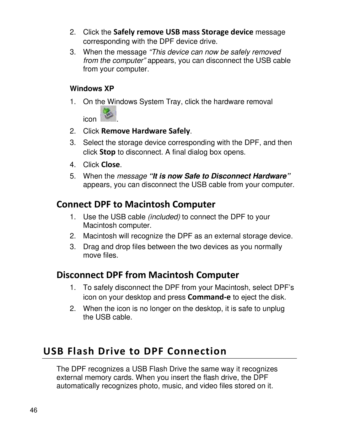 Pandigital PI8004W01 USB Flash Drive to DPF Connection, Connect DPF to Macintosh Computer, Click Remove Hardware Safely 