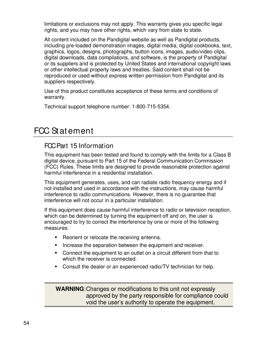 Pandigital PI8004W01 manual FCC Statement, FCC Part 15 Information 