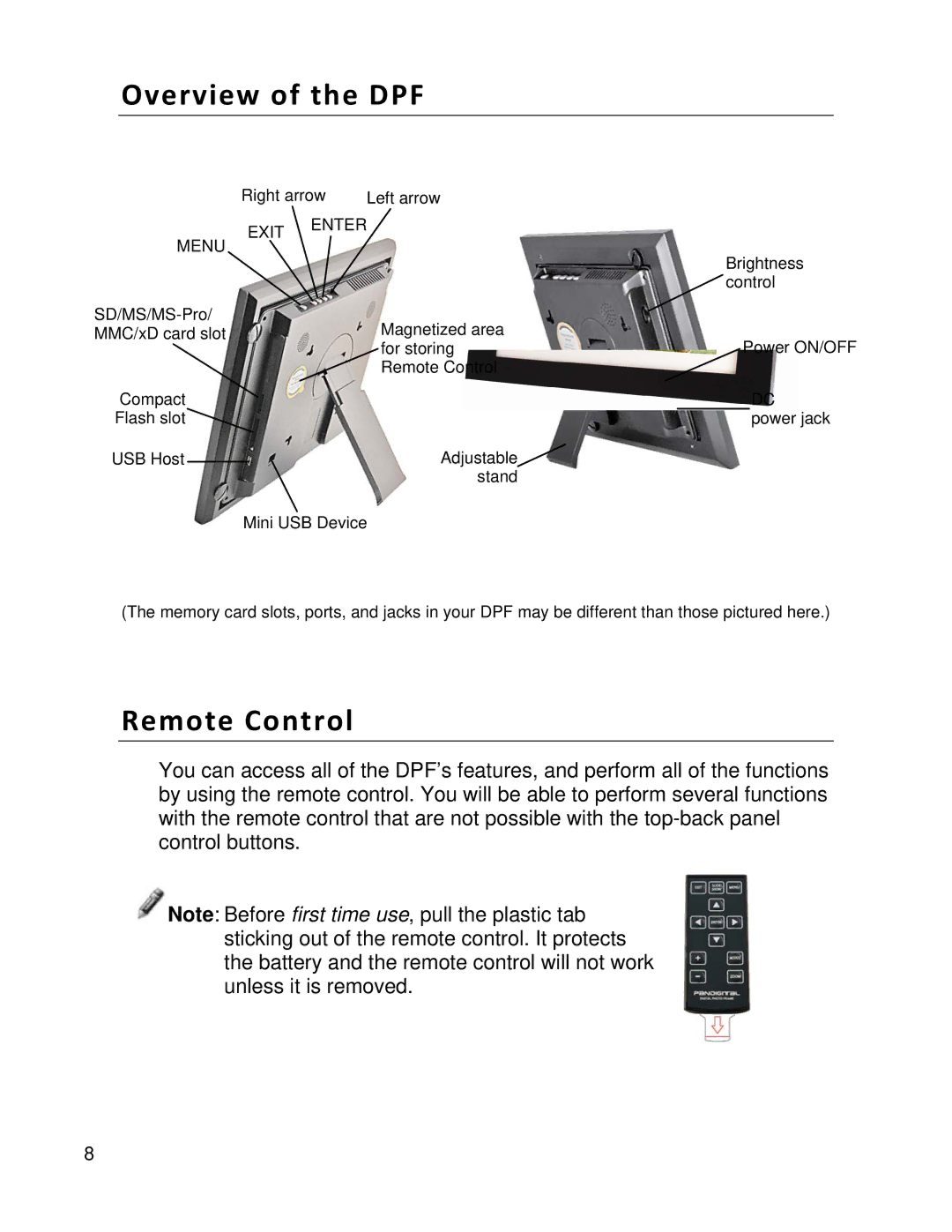 Pandigital PI8004W01 manual Overview of the DPF, Remote Control 