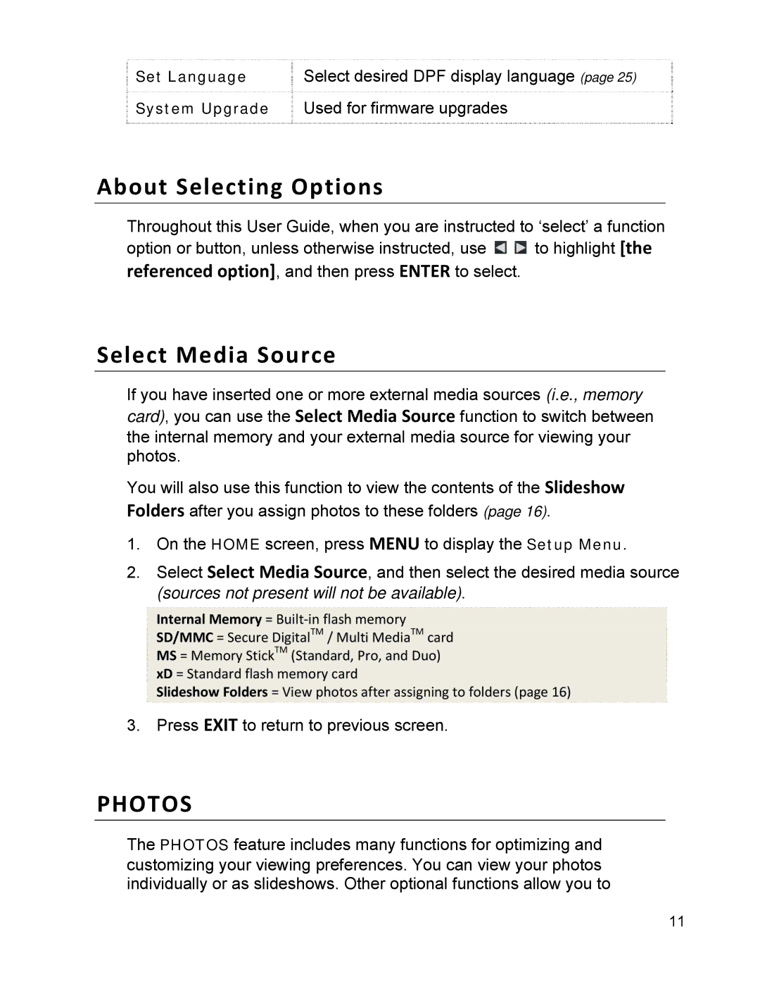 Pandigital PI7002AW, PI9001DW, PI1003DW manual About Selecting Options, Select Media Source 