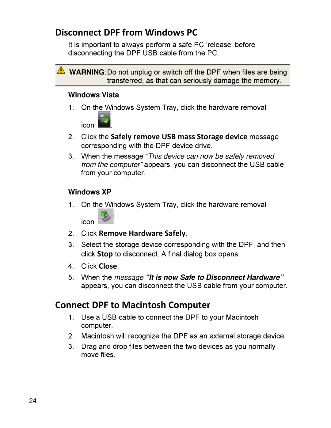 Pandigital PI9001DW manual Disconnect DPF from Windows PC, Connect DPF to Macintosh Computer, Click Remove Hardware Safely 