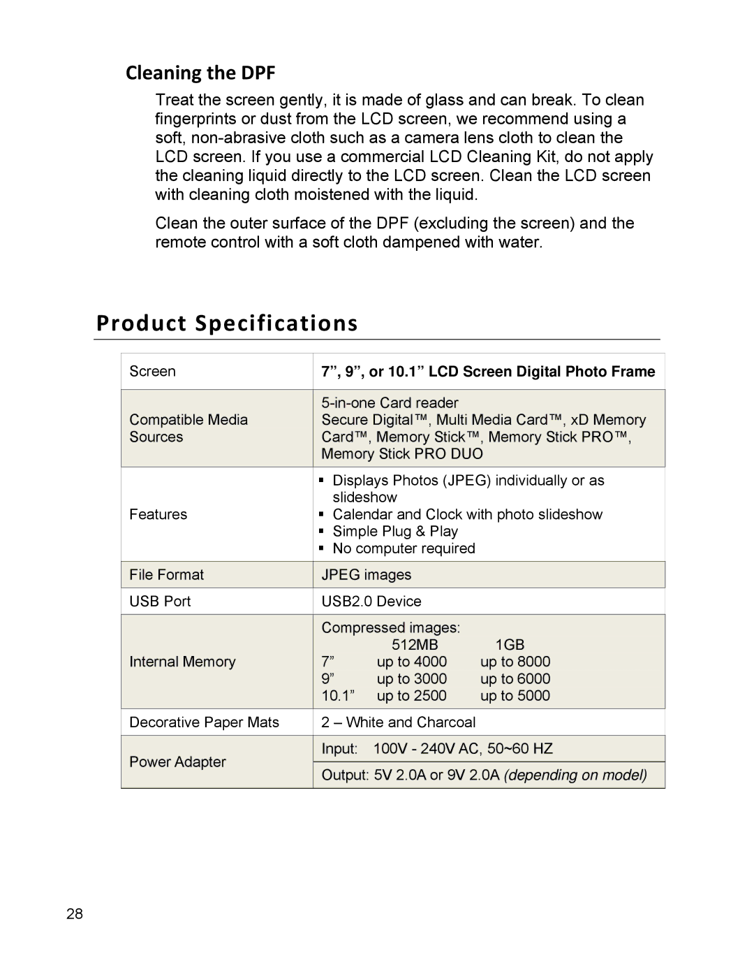 Pandigital PI1003DW, PI9001DW, PI7002AW manual Product Specifications, Cleaning the DPF 