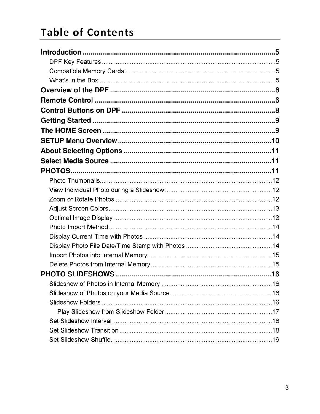 Pandigital PI9001DW, PI1003DW, PI7002AW manual Table of Contents 