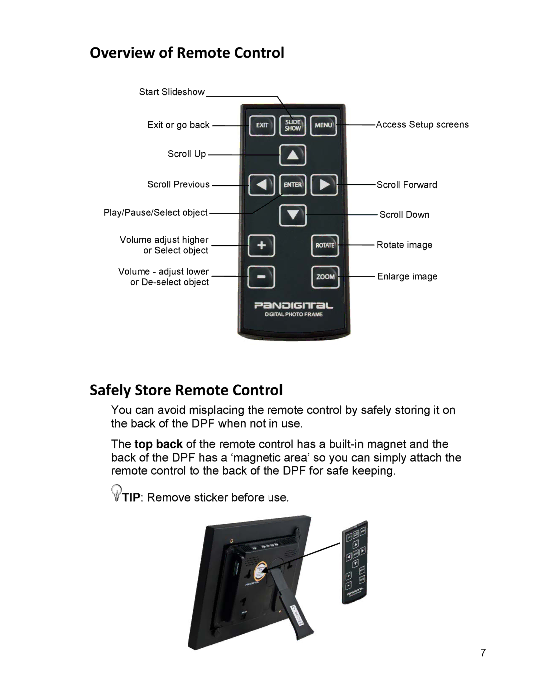 Pandigital PI1003DW, PI9001DW, PI7002AW manual Overview of Remote Control, Safely Store Remote Control 