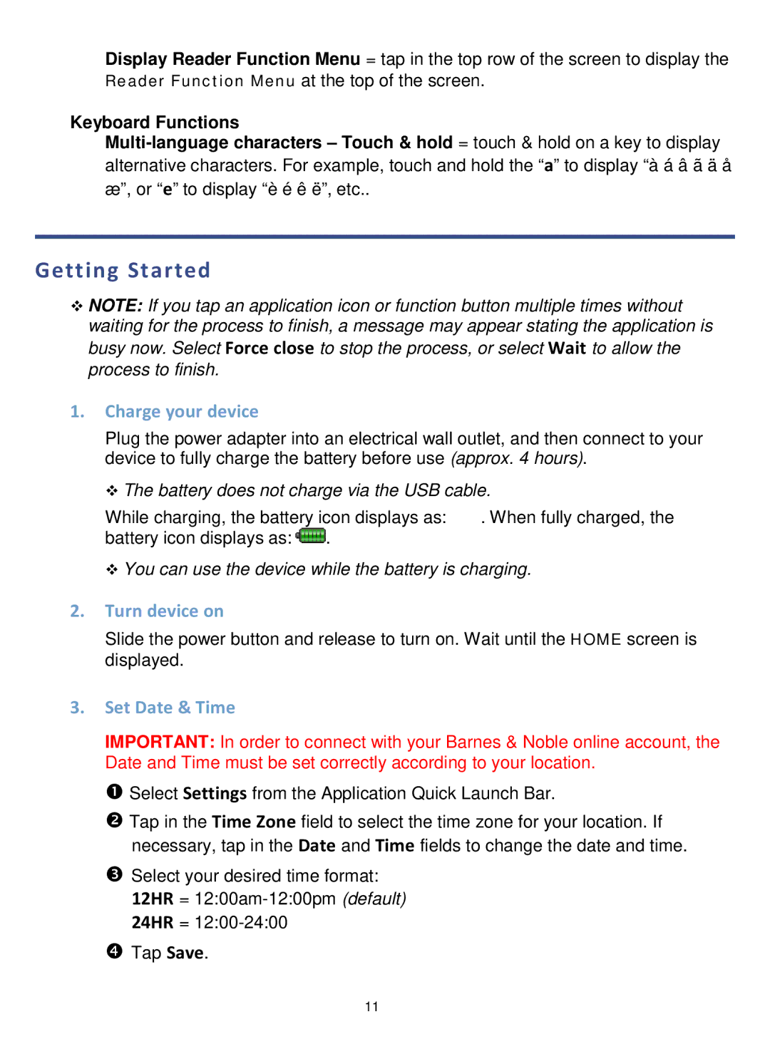 Pandigital PRD07T10WWH7, PRD06E20WWH8, V4.5 manual Getting Started, Charge your device, Turn device on, Set Date & Time 