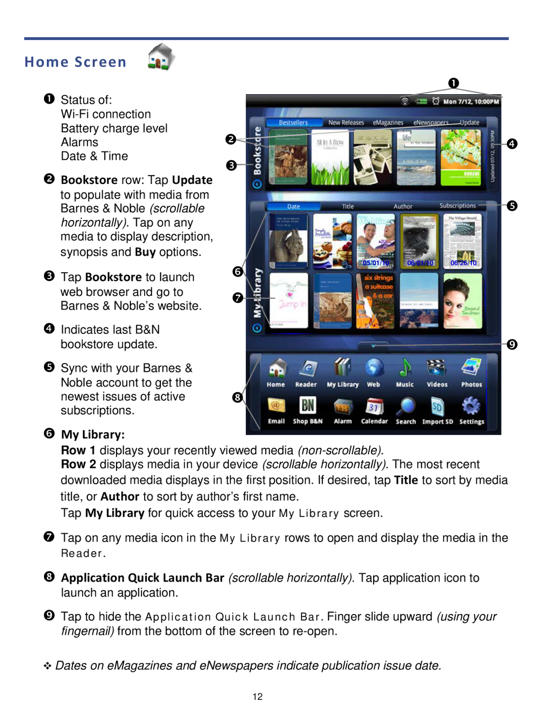 Pandigital PRD06E20WWH8, V4.5, PRD07T10WWH7 manual Home Screen,  Bookstore row Tap Update,  My Library 