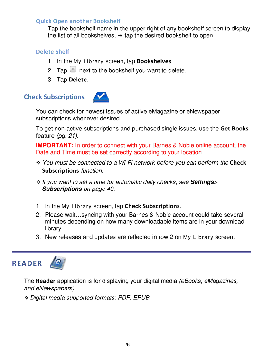 Pandigital PRD07T10WWH7, PRD06E20WWH8 Reader, Check Subscriptions, Quick Open another Bookshelf, Delete Shelf, Tap Delete 