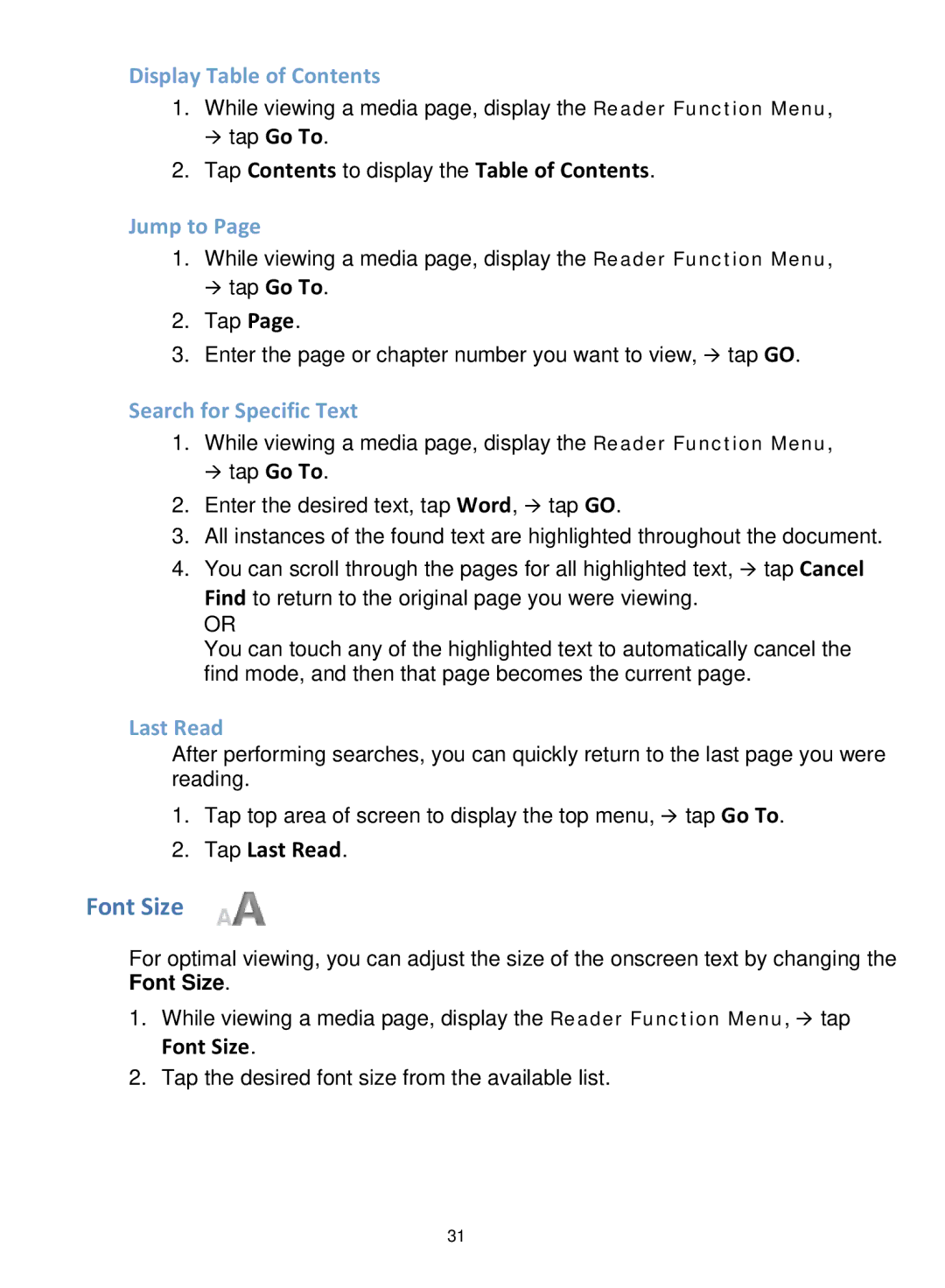 Pandigital V4.5, PRD06E20WWH8 manual Font Size, Display Table of Contents, Jump to, Search for Specific Text, Last Read 