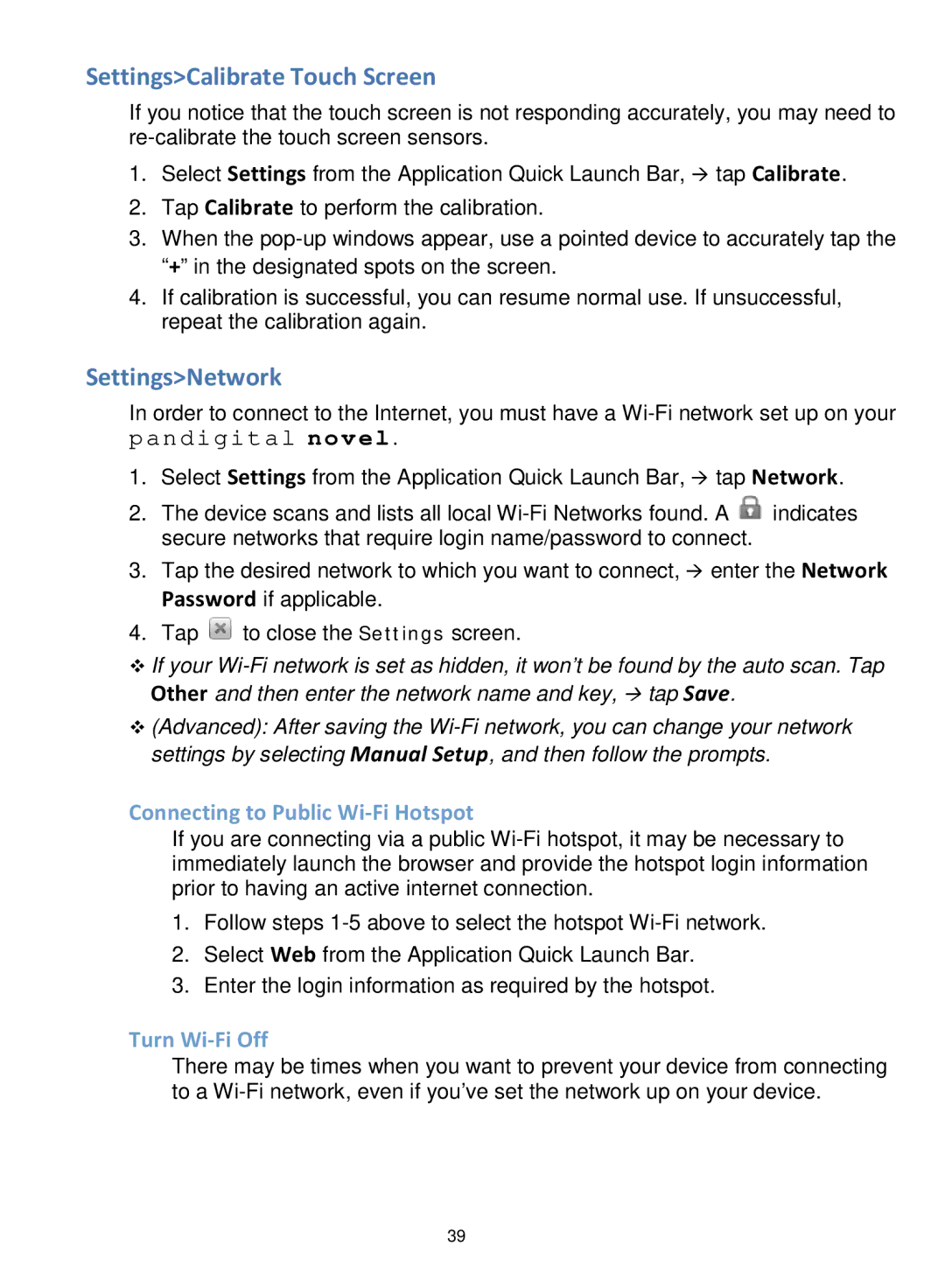 Pandigital PRD06E20WWH8, V4.5 manual SettingsCalibrate Touch Screen, SettingsNetwork, Connecting to Public Wi-Fi Hotspot 