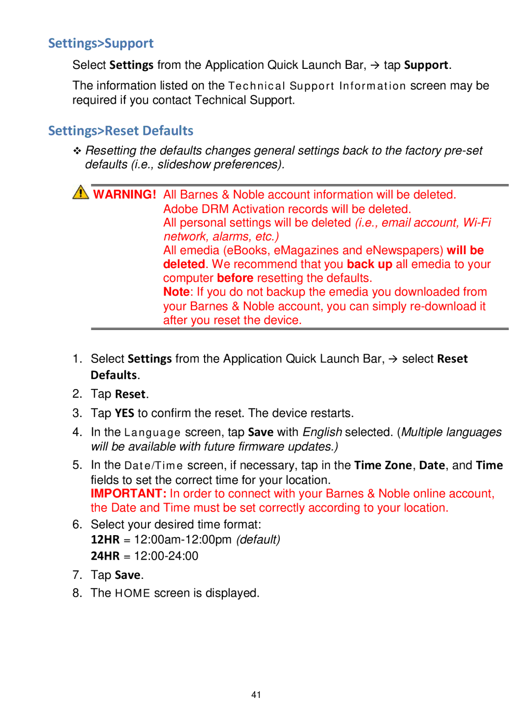 Pandigital PRD07T10WWH7, PRD06E20WWH8, V4.5 manual SettingsSupport, SettingsReset Defaults 