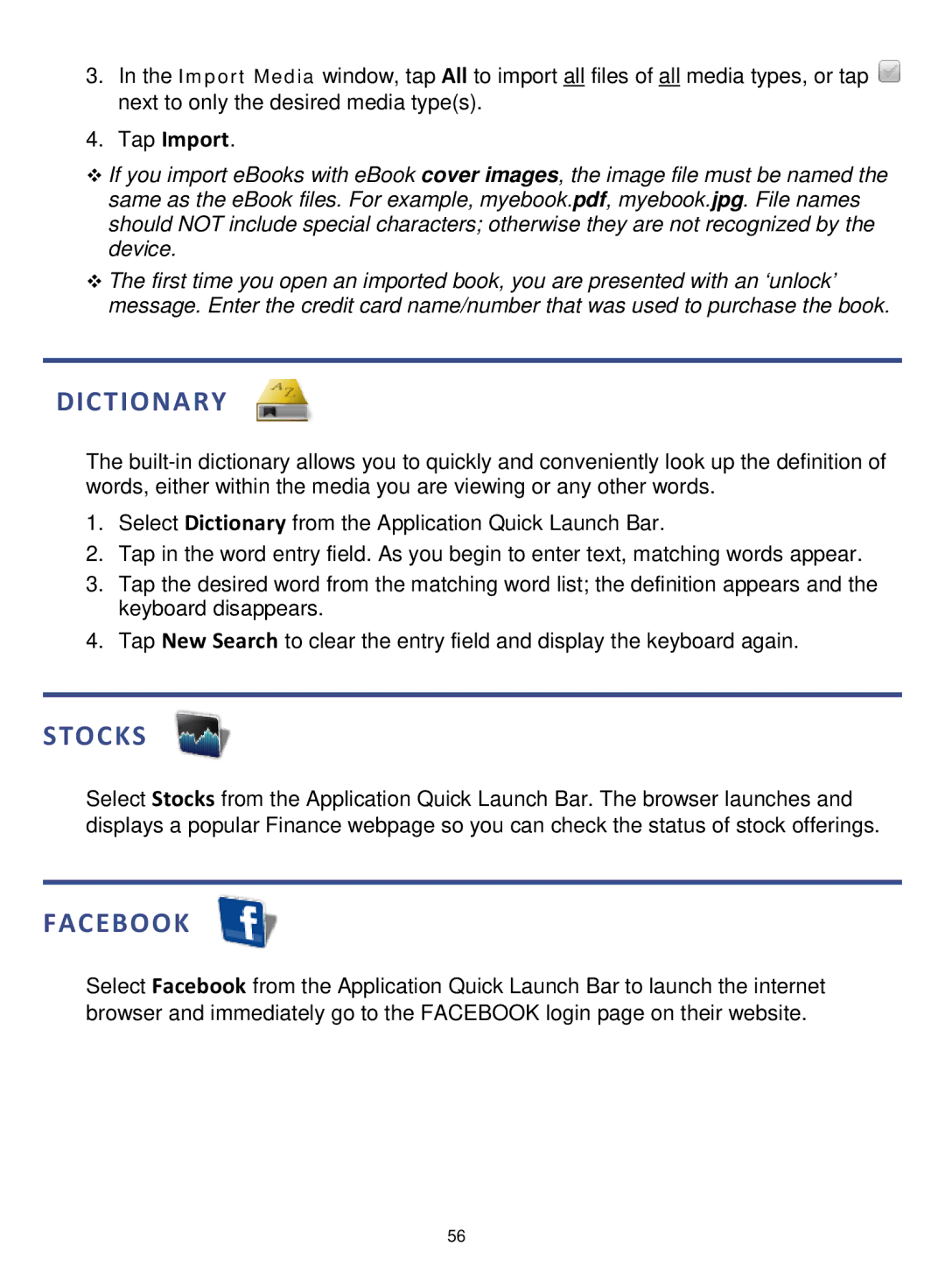 Pandigital PRD07T10WWH7, PRD06E20WWH8, V4.5 manual Dictionary, Stocks, Facebook, Tap Import 