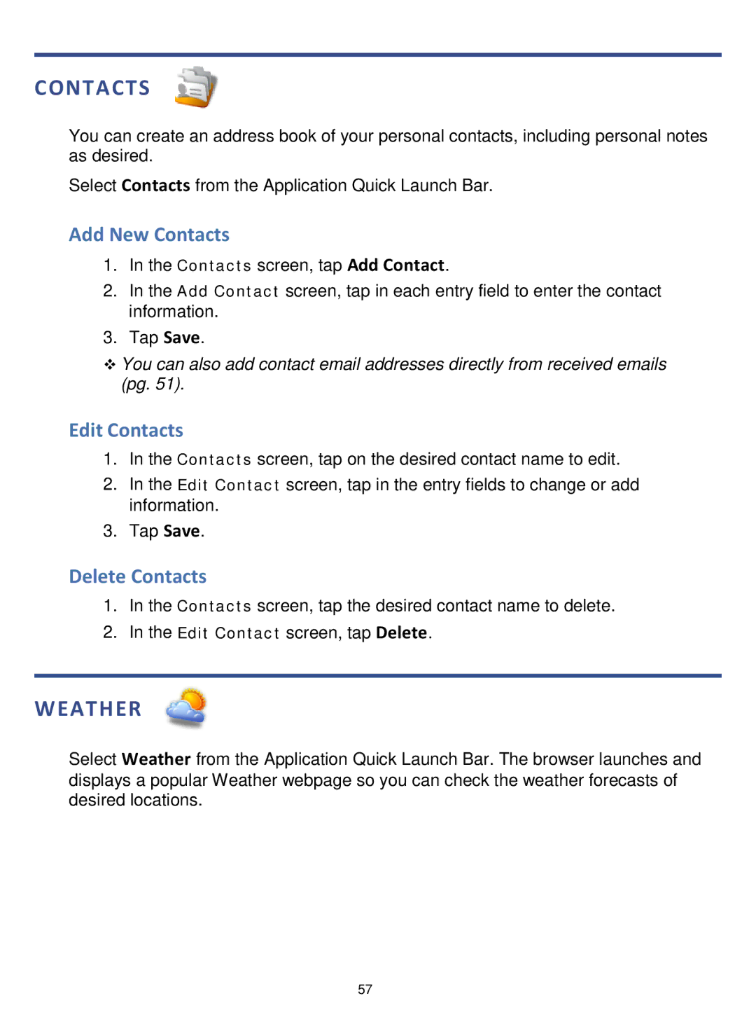 Pandigital PRD06E20WWH8, V4.5, PRD07T10WWH7 manual Weather, Add New Contacts, Edit Contacts, Delete Contacts 