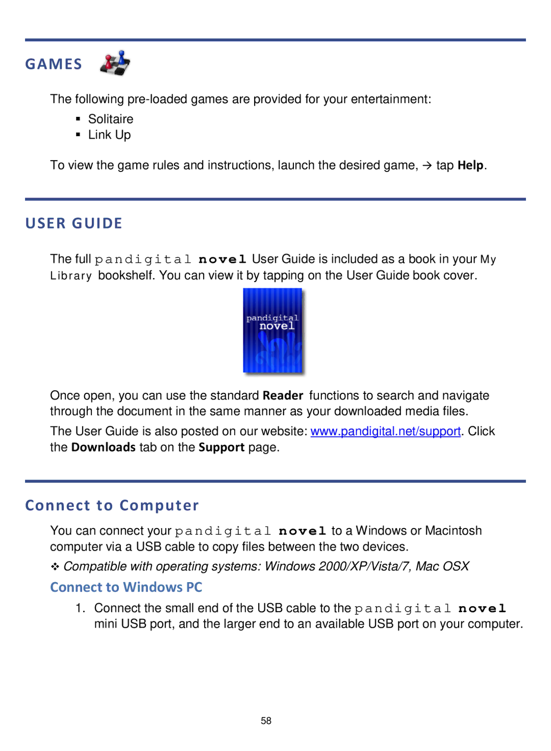 Pandigital V4.5, PRD06E20WWH8, PRD07T10WWH7 manual Games, User Guide, Connect to Computer, Connect to Windows PC 