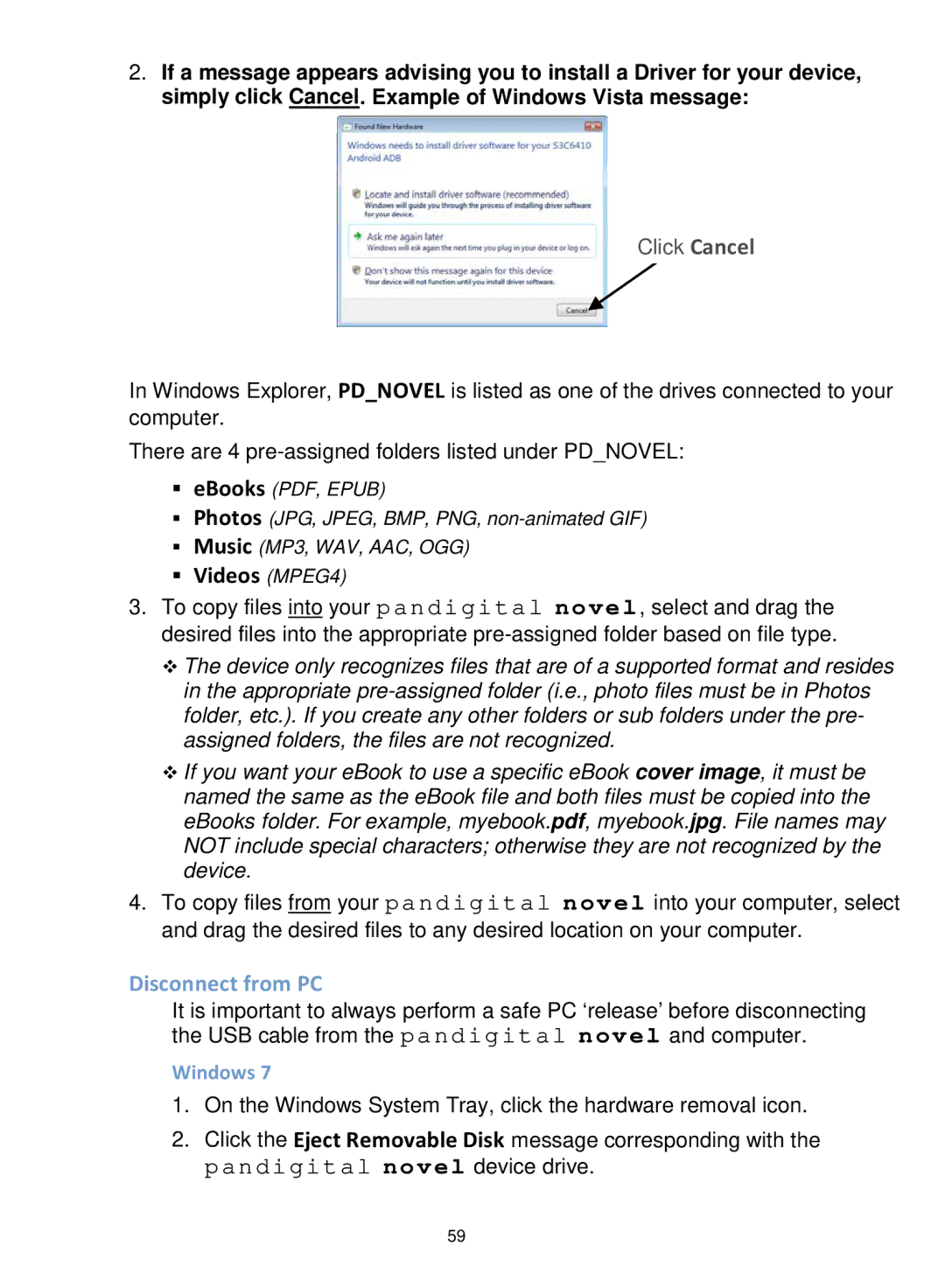 Pandigital PRD07T10WWH7, PRD06E20WWH8, V4.5 manual  Videos MPEG4, Disconnect from PC 