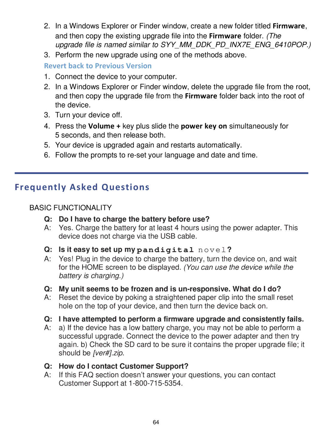 Pandigital V4.5, PRD06E20WWH8, PRD07T10WWH7 manual Frequently Asked Questions, Revert back to Previous Version 