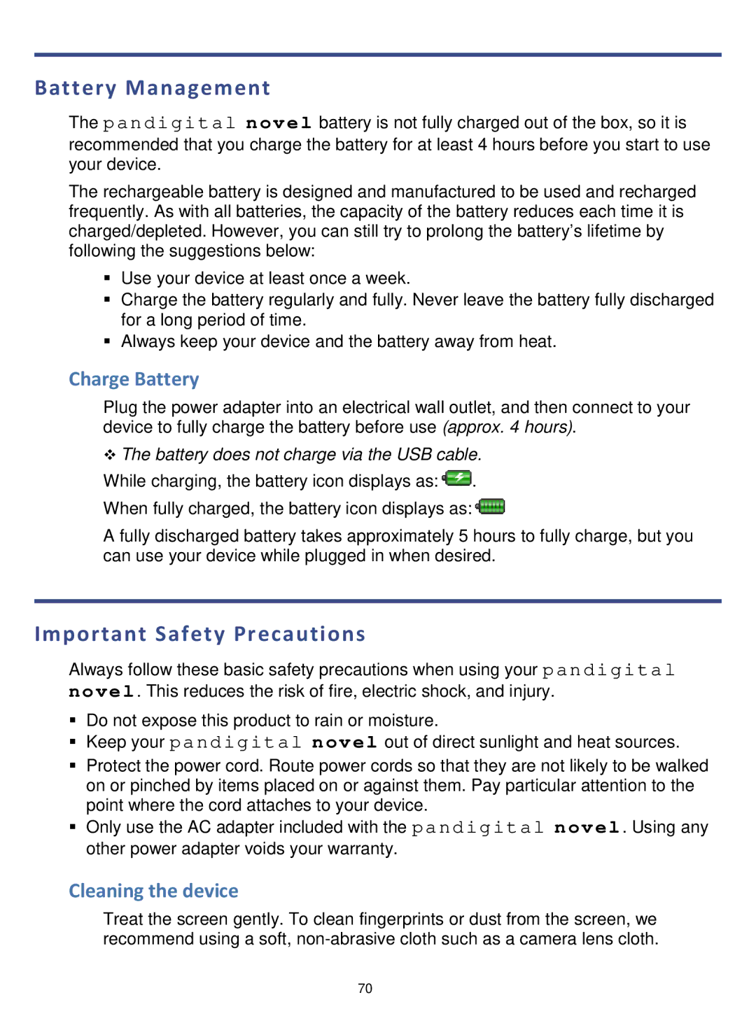 Pandigital V4.5, PRD06E20WWH8 manual Battery Management, Important Safety Precautions, Charge Battery, Cleaning the device 