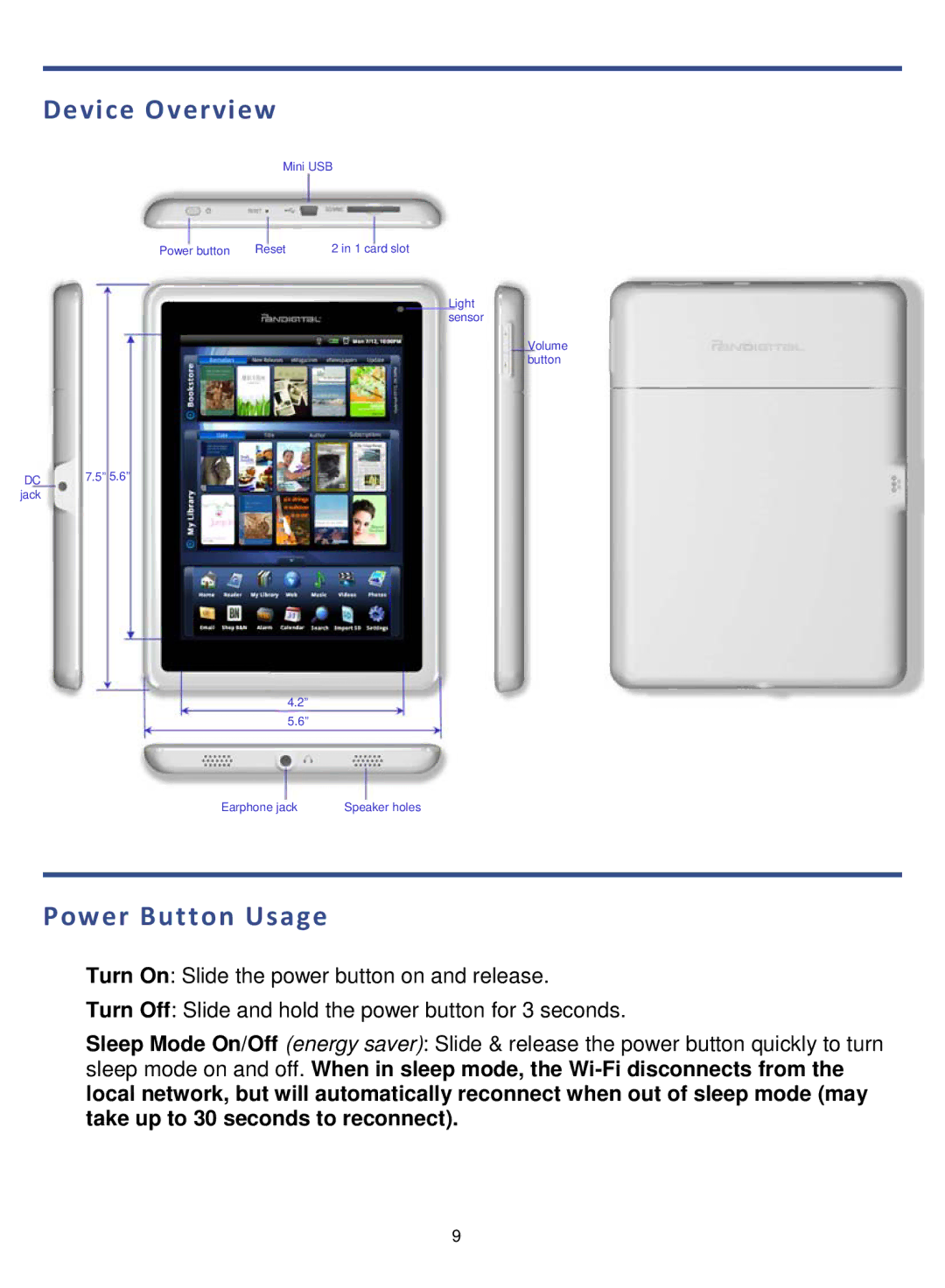 Pandigital PRD06E20WWH8, V4.5, PRD07T10WWH7 manual Device Overview, Power Button Usage 