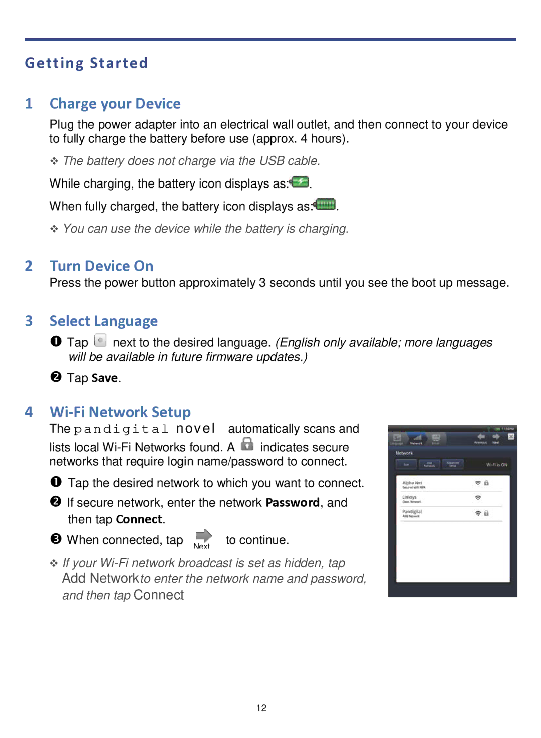 Pandigital R70F452 manual Getting Started, Charge your Device 