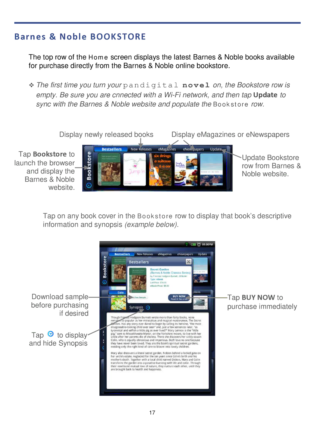 Pandigital R70F452 manual Barnes & Noble Bookstore, Tap Bookstore to launch the browser 