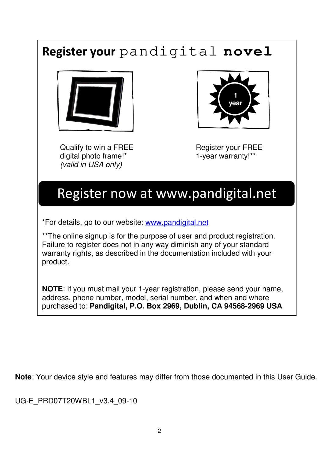 Pandigital R70F452 manual Register your pandigital novel 