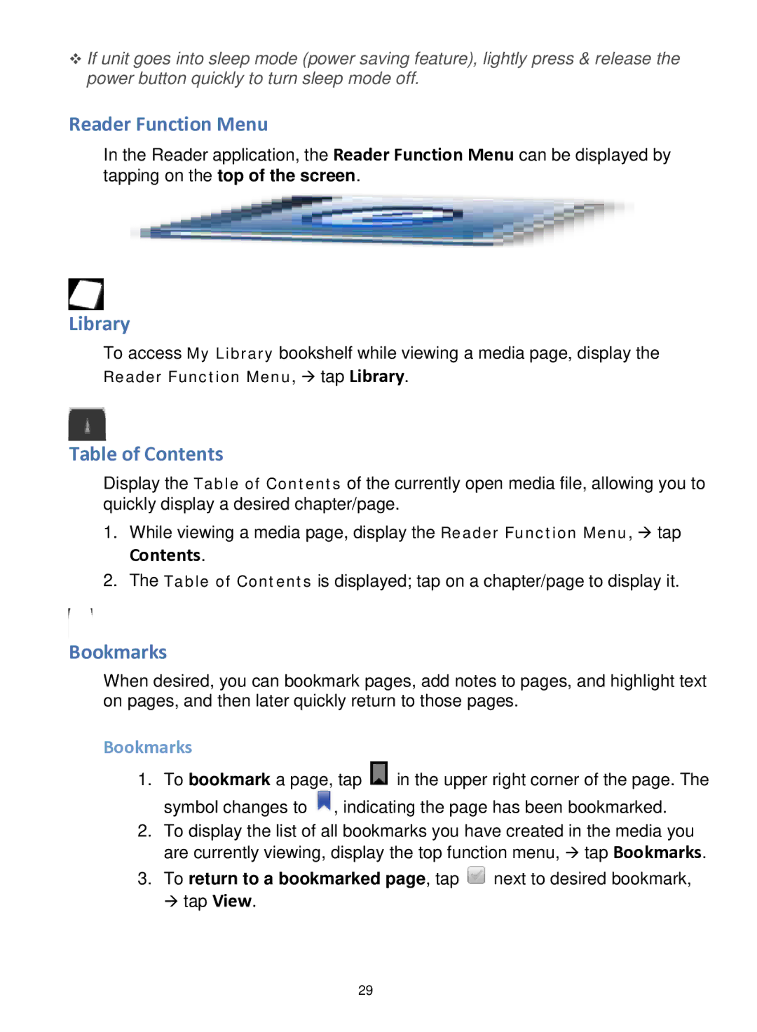 Pandigital R70F452 manual Reader Function Menu, Library, Table of Contents, Bookmarks 