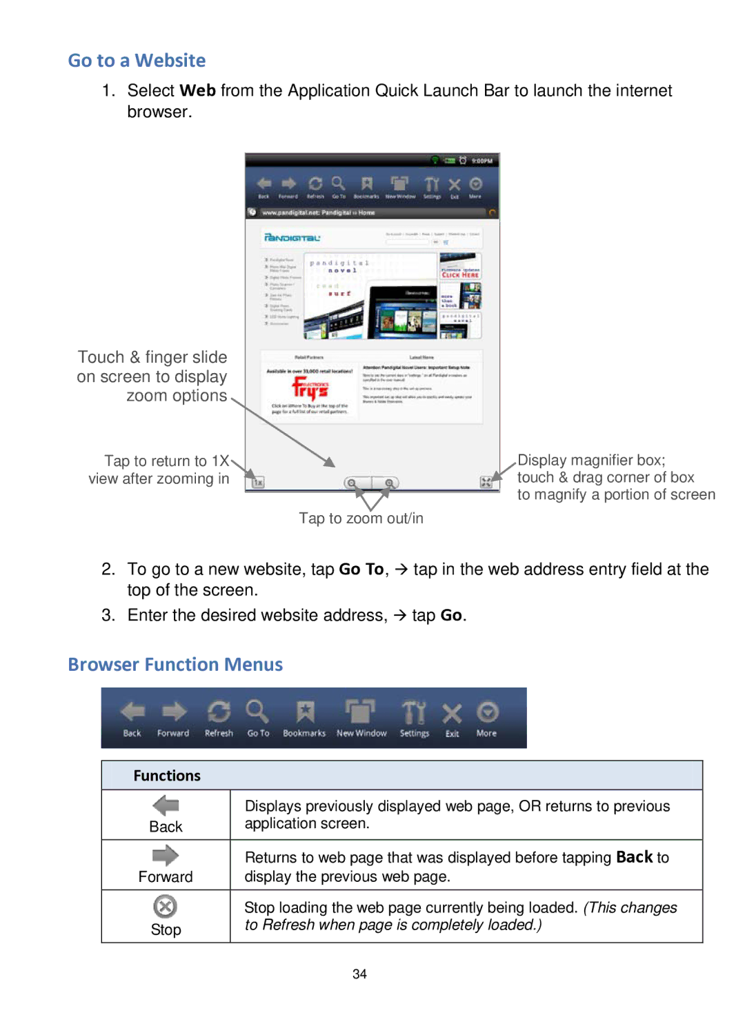 Pandigital R70F452 manual Go to a Website, Browser Function Menus 