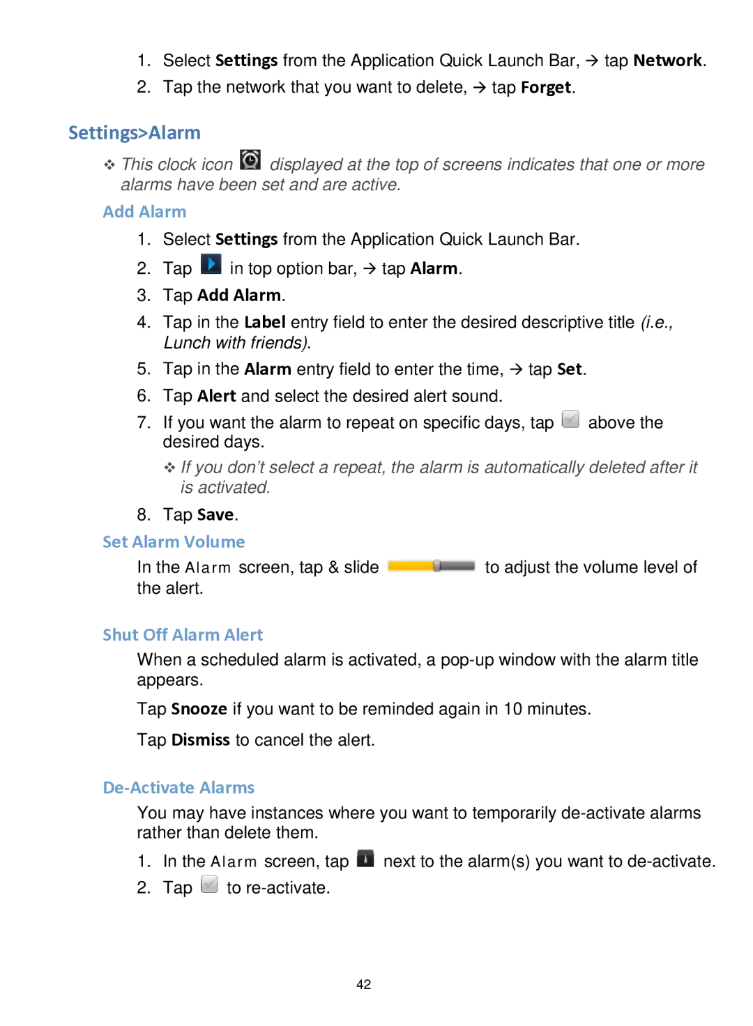 Pandigital R70F452 manual SettingsAlarm, Add Alarm, Set Alarm Volume, Shut Off Alarm Alert, De-Activate Alarms 