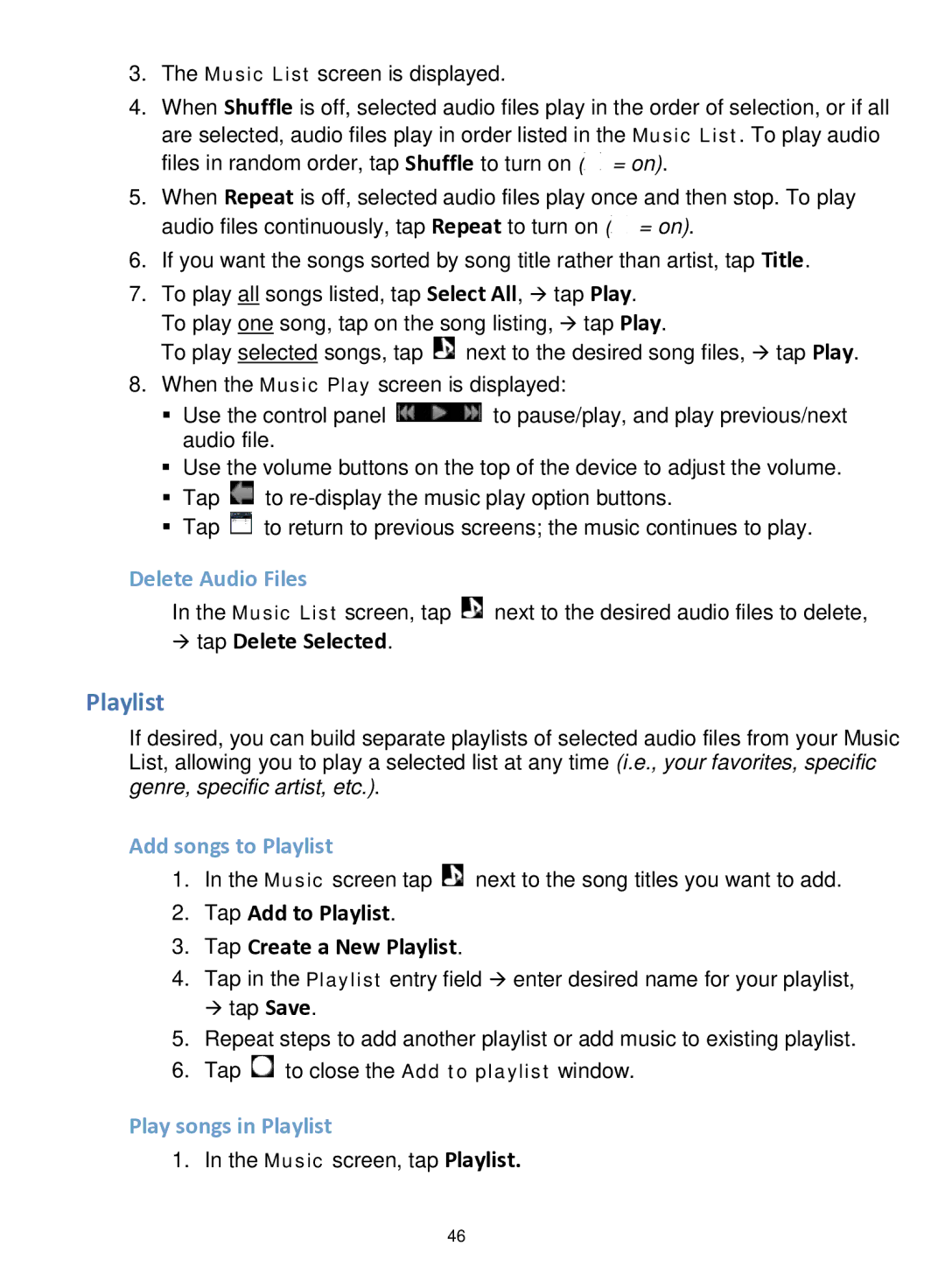 Pandigital R70F452 manual Delete Audio Files, Add songs to Playlist, Play songs in Playlist 