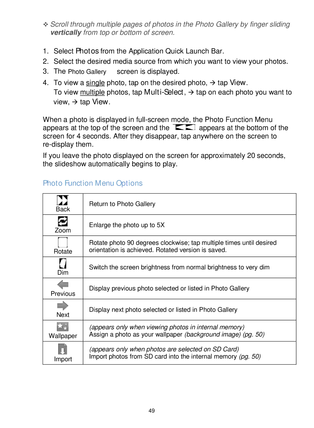 Pandigital R70F452 manual Photo Function Menu Options 