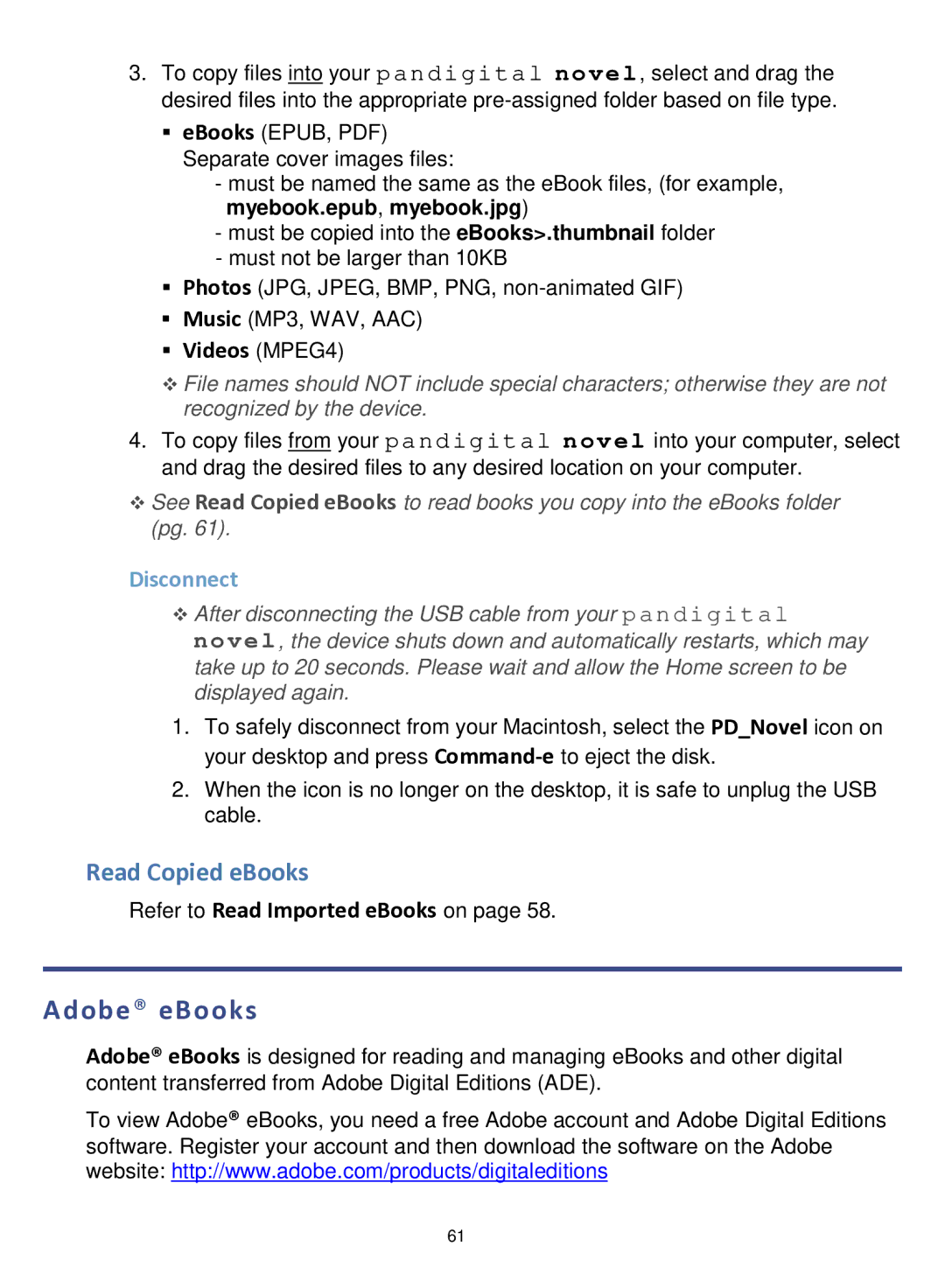 Pandigital R70F452 manual Adobe eBooks, Read Copied eBooks, Refer to Read Imported eBooks on 