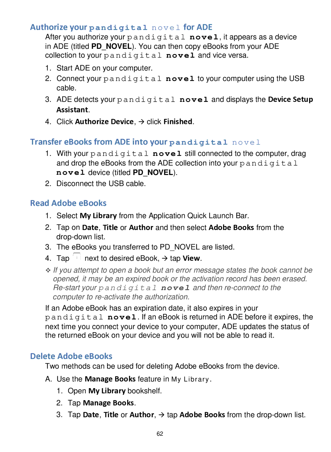 Pandigital R70F452 manual Authorize your pandigital nov el for ADE, Transfer eBooks from ADE into your pandigital novel 