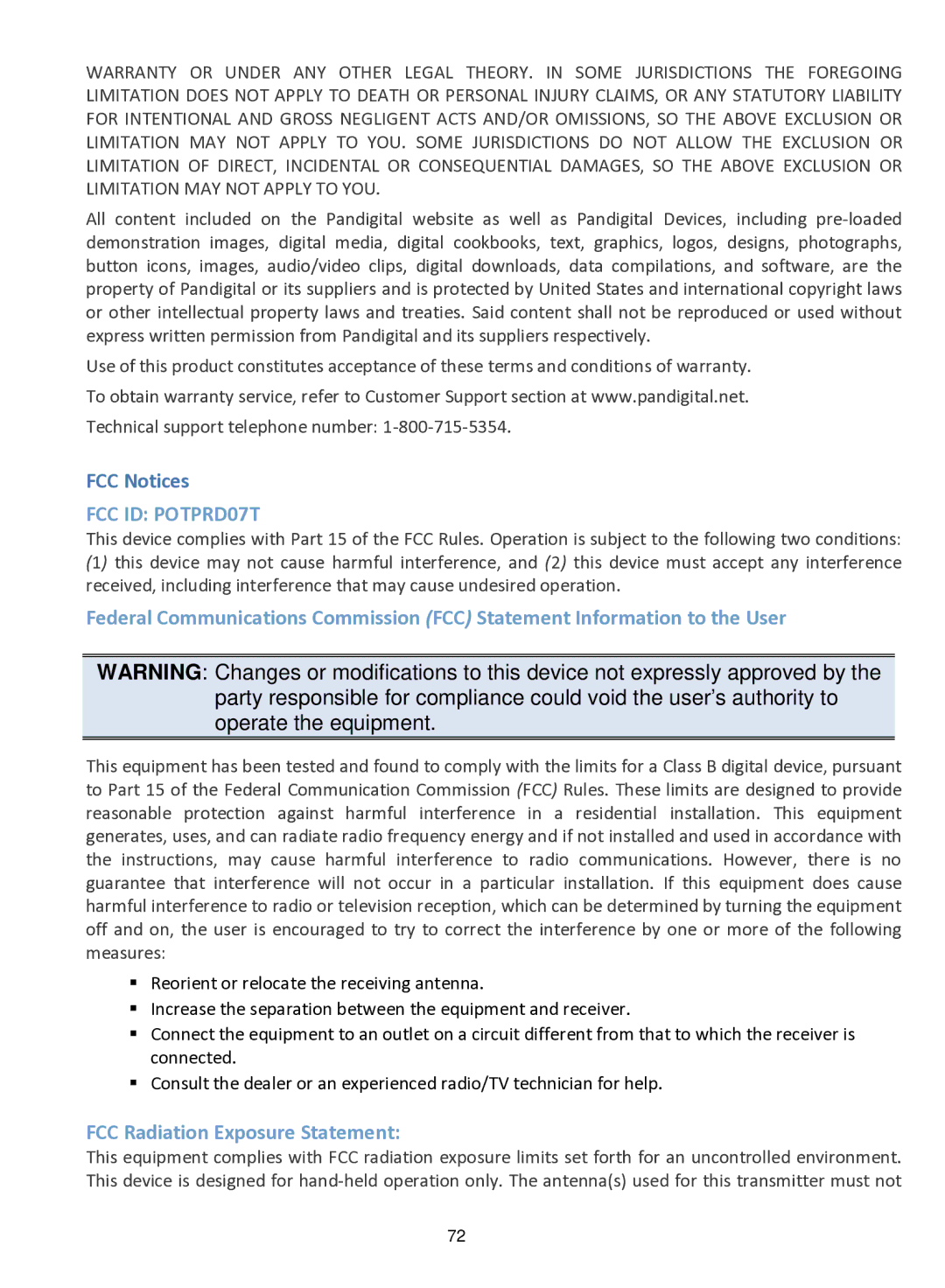 Pandigital R70F452 manual FCC ID POTPRD07T 