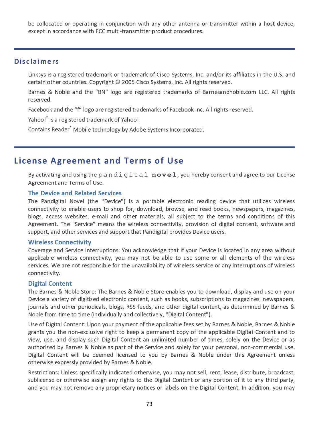 Pandigital R70F452 manual License Agreement and Terms of Use, Isc l a im er s 