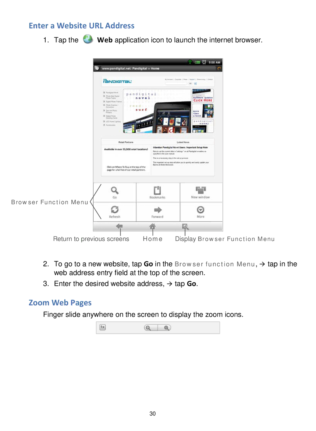 Pandigital R7T40WWHF1 manual Enter a Website URL Address, Zoom Web Pages 
