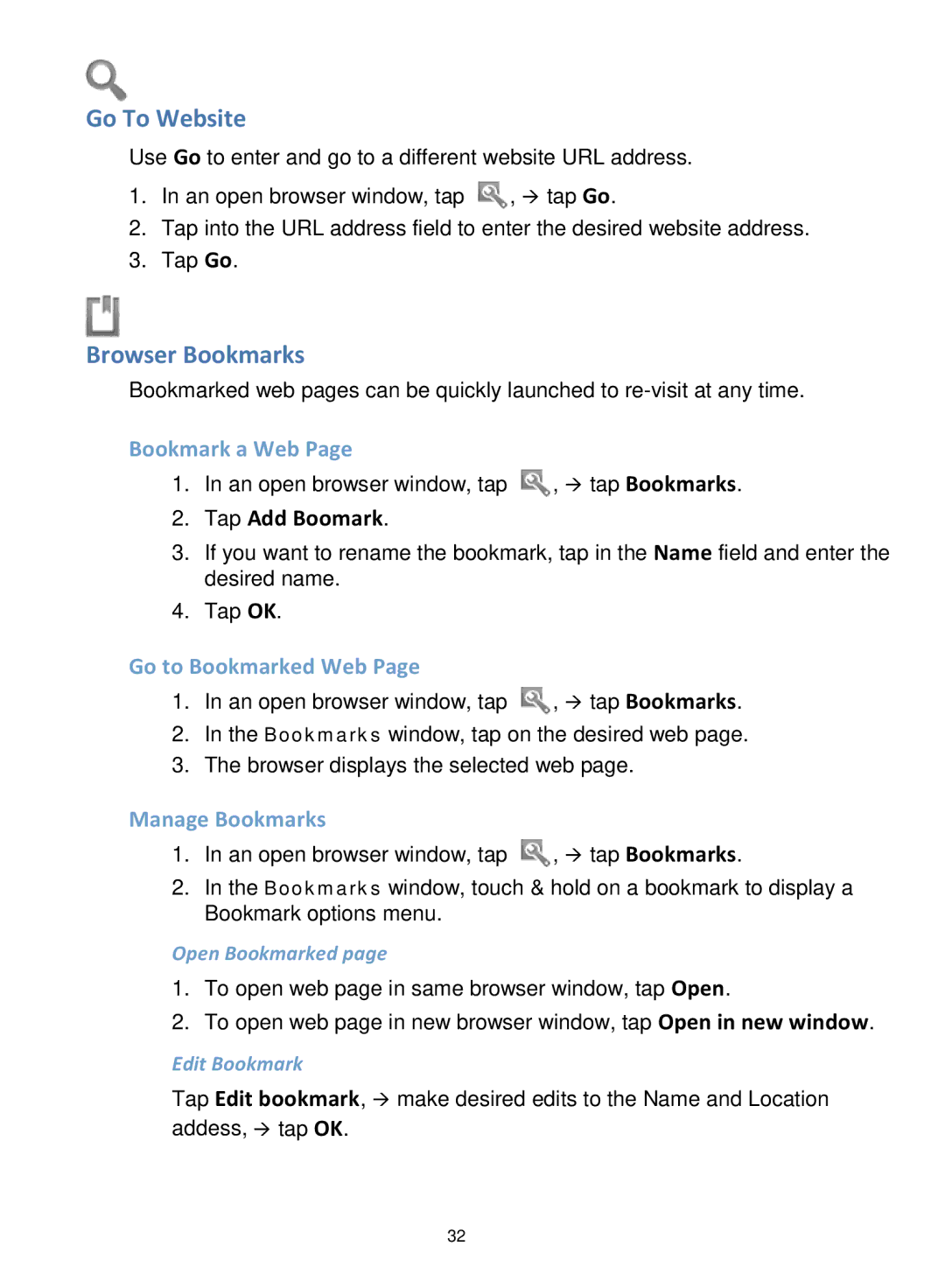 Pandigital R7T40WWHF1 manual Go To Website, Browser Bookmarks, Bookmark a Web, Go to Bookmarked Web, Manage Bookmarks 