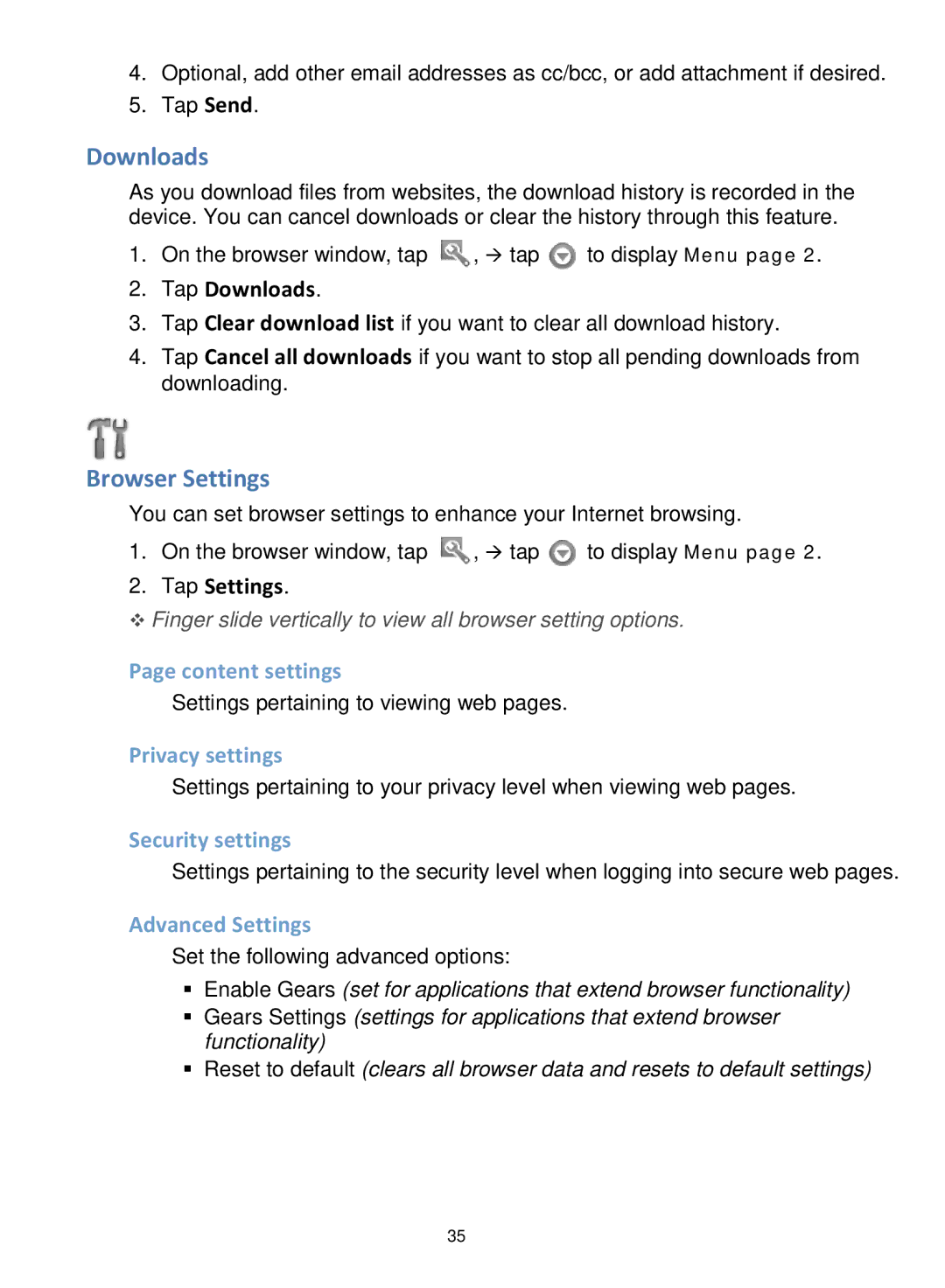 Pandigital R7T40WWHF1 manual Downloads, Browser Settings 