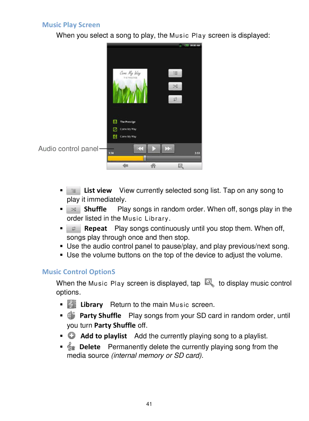 Pandigital R7T40WWHF1 manual Music Play Screen, Music Control OptionS 