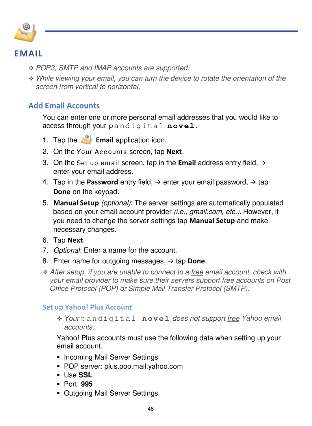 Pandigital R7T40WWHF1 manual Add Email Accounts, Set up Yahoo! Plus Account 
